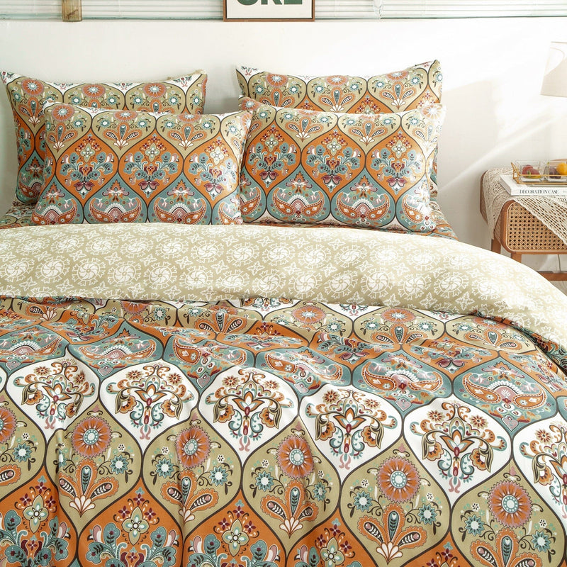 DaDalogy Bedding Bohemian Duvet Cover w/Pillow Cases - Reversible Coral Teal Floral Paisley Botanical Garden Party - Bright Vibrant Multi-Colorful Blue Salmon Pink - DaDa Bedding Collection
