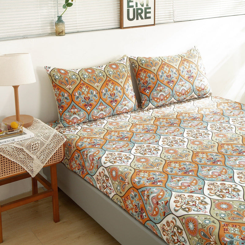DaDa Bedding Bohemian Fitted Sheet w/Pillow Cases - Coral Teal Floral Paisley Botanical Garden Party - Bright Vibrant Multi-Colorful Blue Salmon Pink - DaDa Bedding Collection