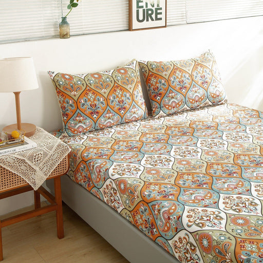 DaDa Bedding Bohemian Fitted Sheet w/Pillow Cases - Coral Teal Floral Paisley Botanical Garden Party - Bright Vibrant Multi-Colorful Blue Salmon Pink - DaDa Bedding Collection