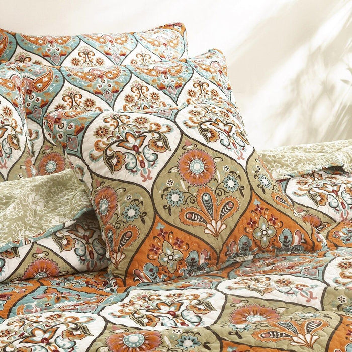 DaDa Bedding Bohemian Floral Paisley Garden Coral Teal Quilted Bedspread Set (LH1403)