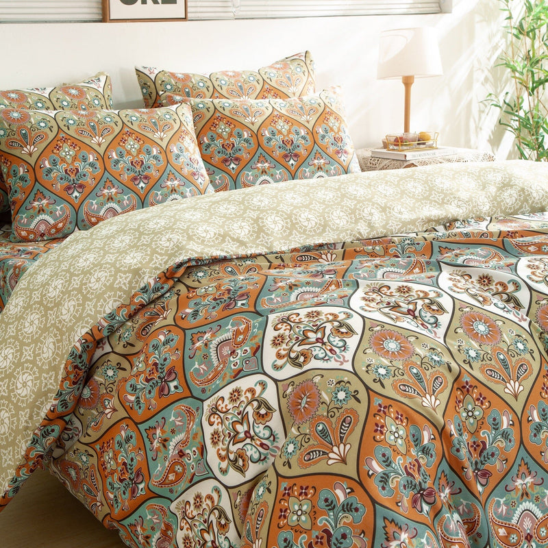 DaDalogy Bedding Bohemian Duvet Cover w/Pillow Cases - Reversible Coral Teal Floral Paisley Botanical Garden Party - Bright Vibrant Multi-Colorful Blue Salmon Pink - DaDa Bedding Collection