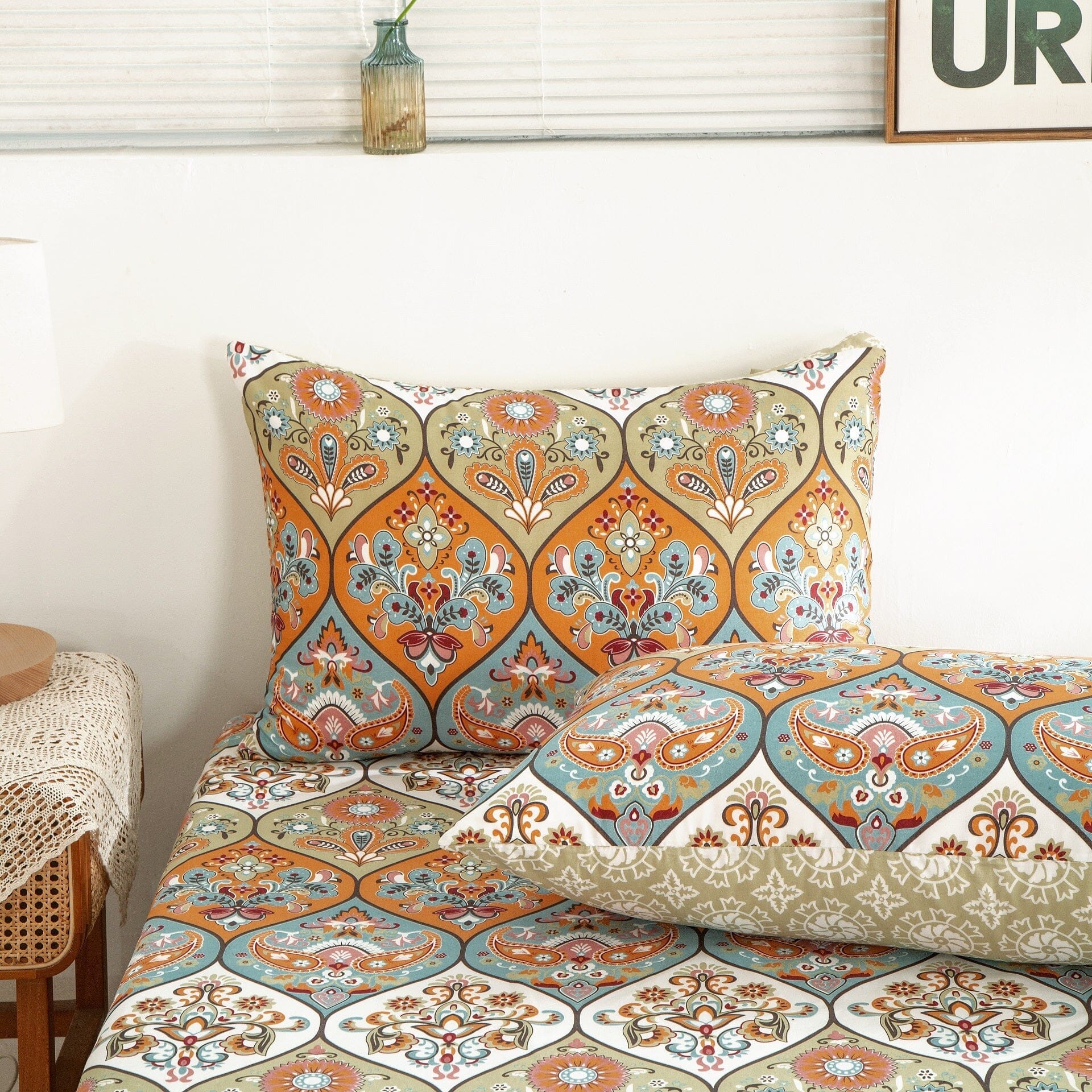 DaDa Bedding Bohemian Fitted Sheet w/Pillow Cases - Coral Teal Floral Paisley Botanical Garden Party - Bright Vibrant Multi-Colorful Blue Salmon Pink - DaDa Bedding Collection