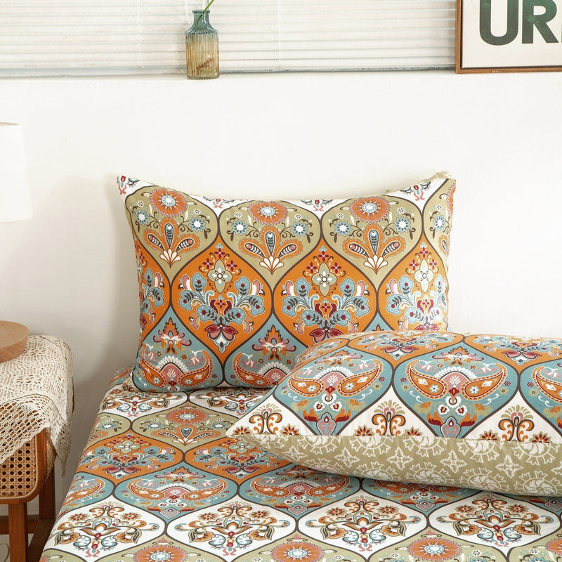 DaDa Bedding Bohemian Fitted Sheet w/Pillow Cases - Coral Teal Floral Paisley Botanical Garden Party - Bright Vibrant Multi-Colorful Blue Salmon Pink - DaDa Bedding Collection