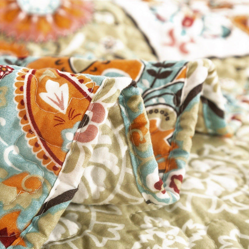 DaDa Bedding Bohemian Floral Paisley Garden Coral Teal Quilted Bedspread Set (LH1403) - DaDa Bedding Collection