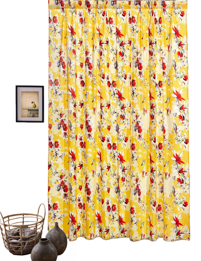 DaDa Bedding Set of 2 Radiant Sunshine Yellow Floral Window Curtain Panels - Natural Semi Sheer Hummingbirds Farmhouse Red Flowers Straight Tailored Edge - DaDa Bedding Collection