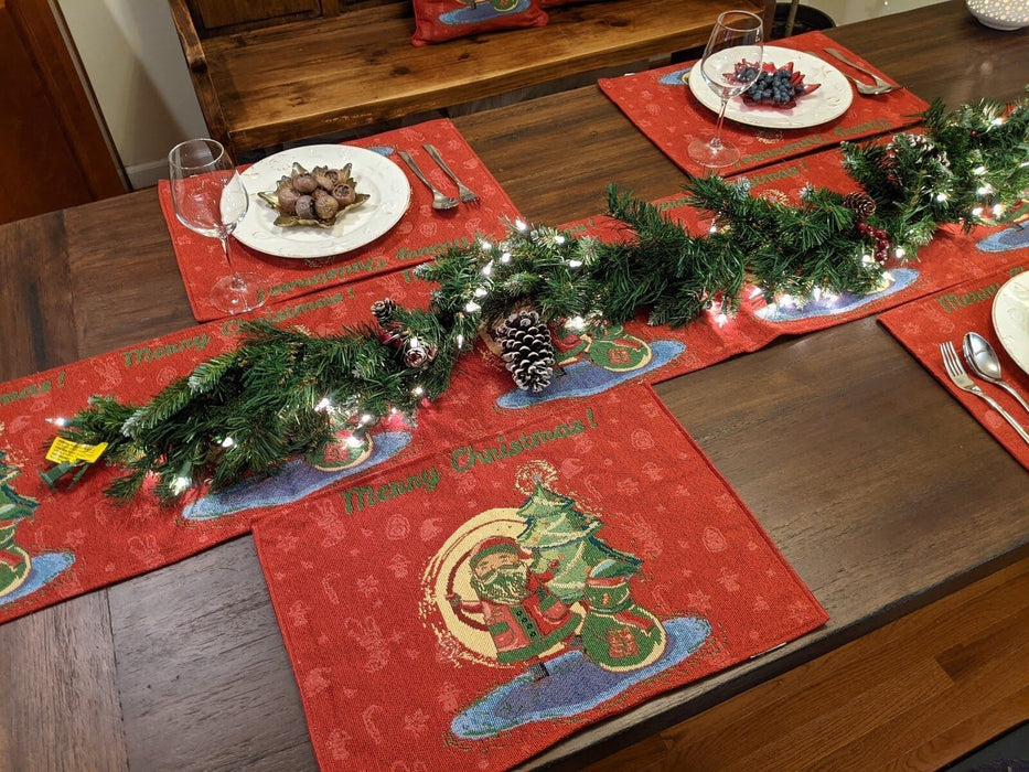DaDa Bedding Set of 8 Pieces Red Santa Claus Holiday Table Tapestry - 4 Placemats, 2 Table Runners, 2 Throw Pillow Covers (17615) - DaDa Bedding Collection