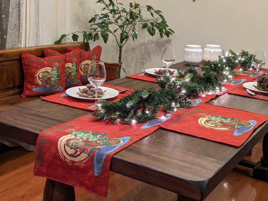 DaDa Bedding Set of 8 Pieces Red Santa Claus Holiday Table Tapestry - 4 Placemats, 2 Table Runners, 2 Throw Pillow Covers (17615) - DaDa Bedding Collection
