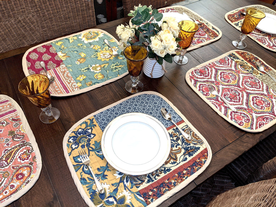 DaDa Bedding Set of 6-Pieces Hand-Made Placemats Cotton Bohemian Dark Elegance Patchwork Floral Table Mats (JHW-550) - DaDa Bedding Collection