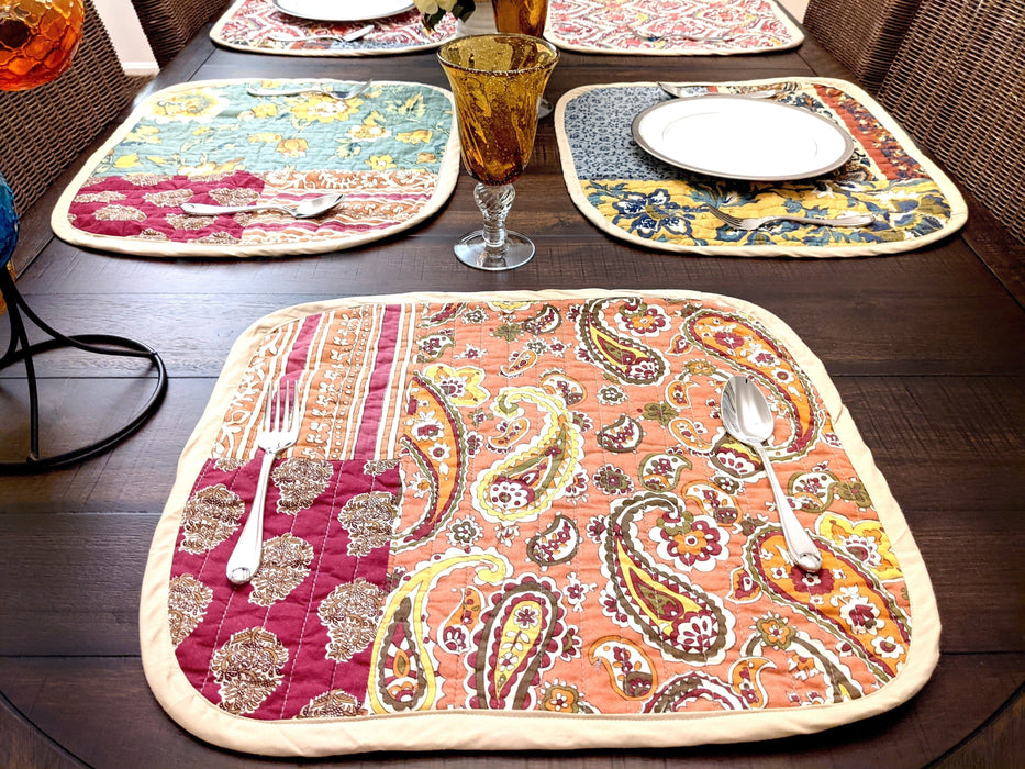 DaDa Bedding Set of 6-Pieces Hand-Made Placemats Cotton Bohemian Dark Elegance Patchwork Floral Table Mats (JHW-550) - DaDa Bedding Collection