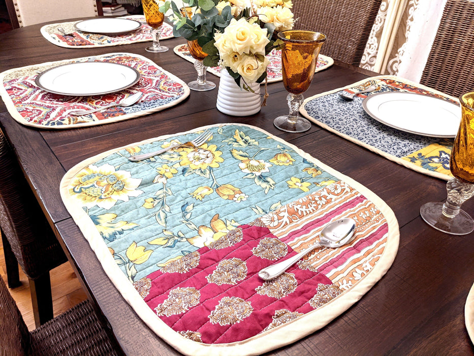 DaDa Bedding Set of 6-Pieces Hand-Made Placemats Cotton Bohemian Dark Elegance Patchwork Floral Table Mats (JHW-550)