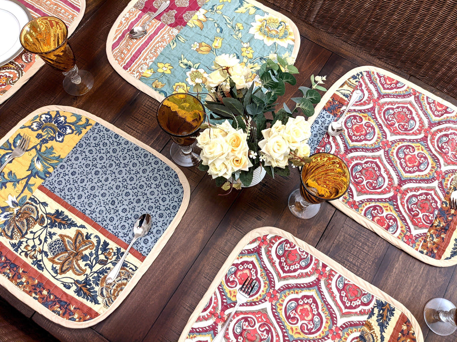 DaDa Bedding Set of 6-Pieces Hand-Made Placemats Cotton Bohemian Dark Elegance Patchwork Floral Table Mats (JHW-550) - DaDa Bedding Collection