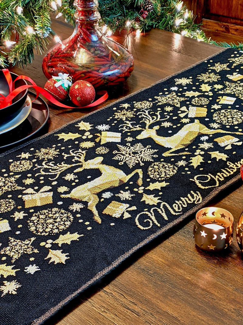 DaDa Bedding Magical Golden Reindeer Woven Tapestry Dining Table Runner (18272) - DaDa Bedding Collection