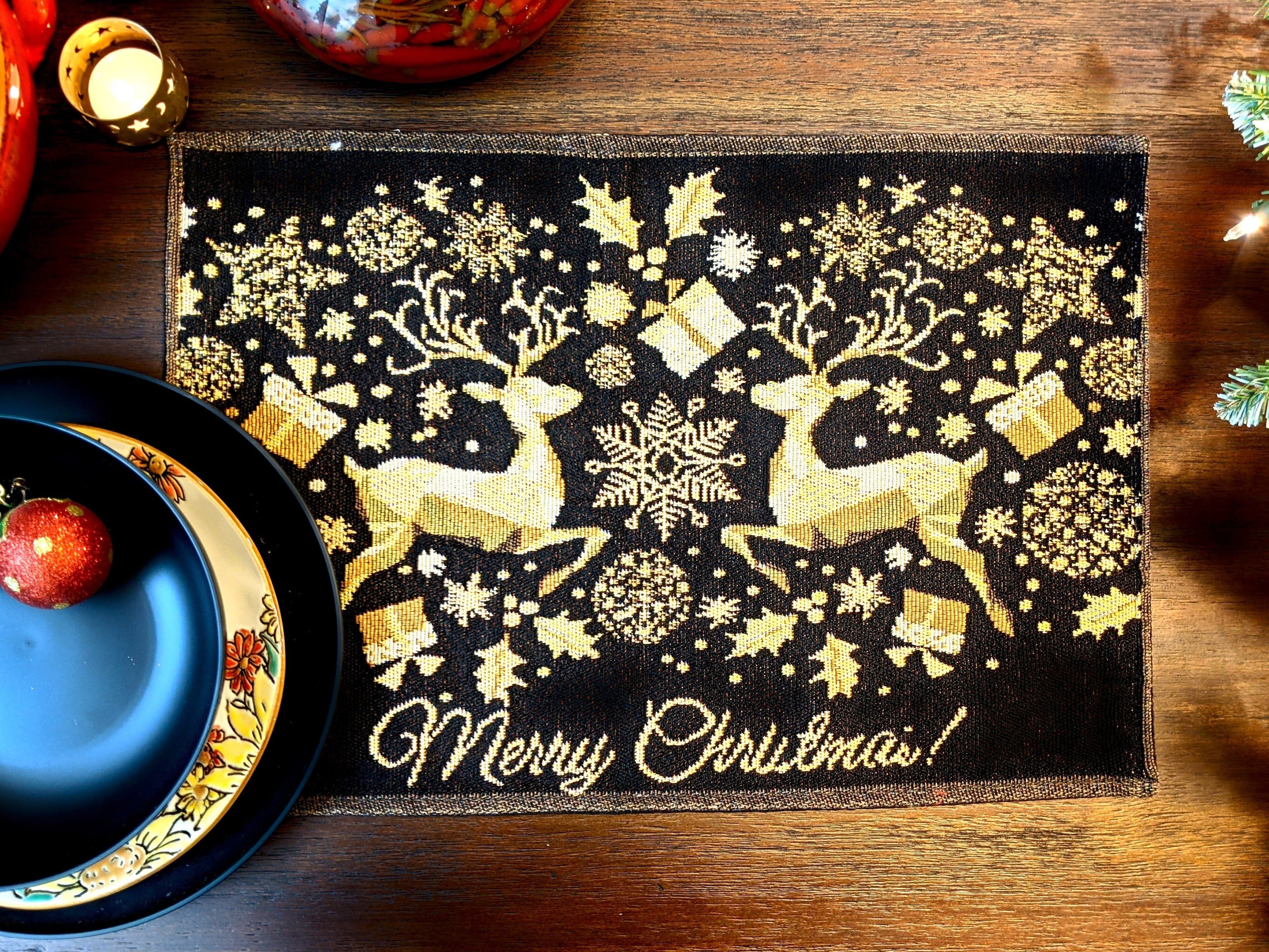 DaDa Bedding Set of 4-Pieces Magical Golden Reindeer Woven Tapestry Dining Table Placemats 13” x 19” - DaDa Bedding Collection