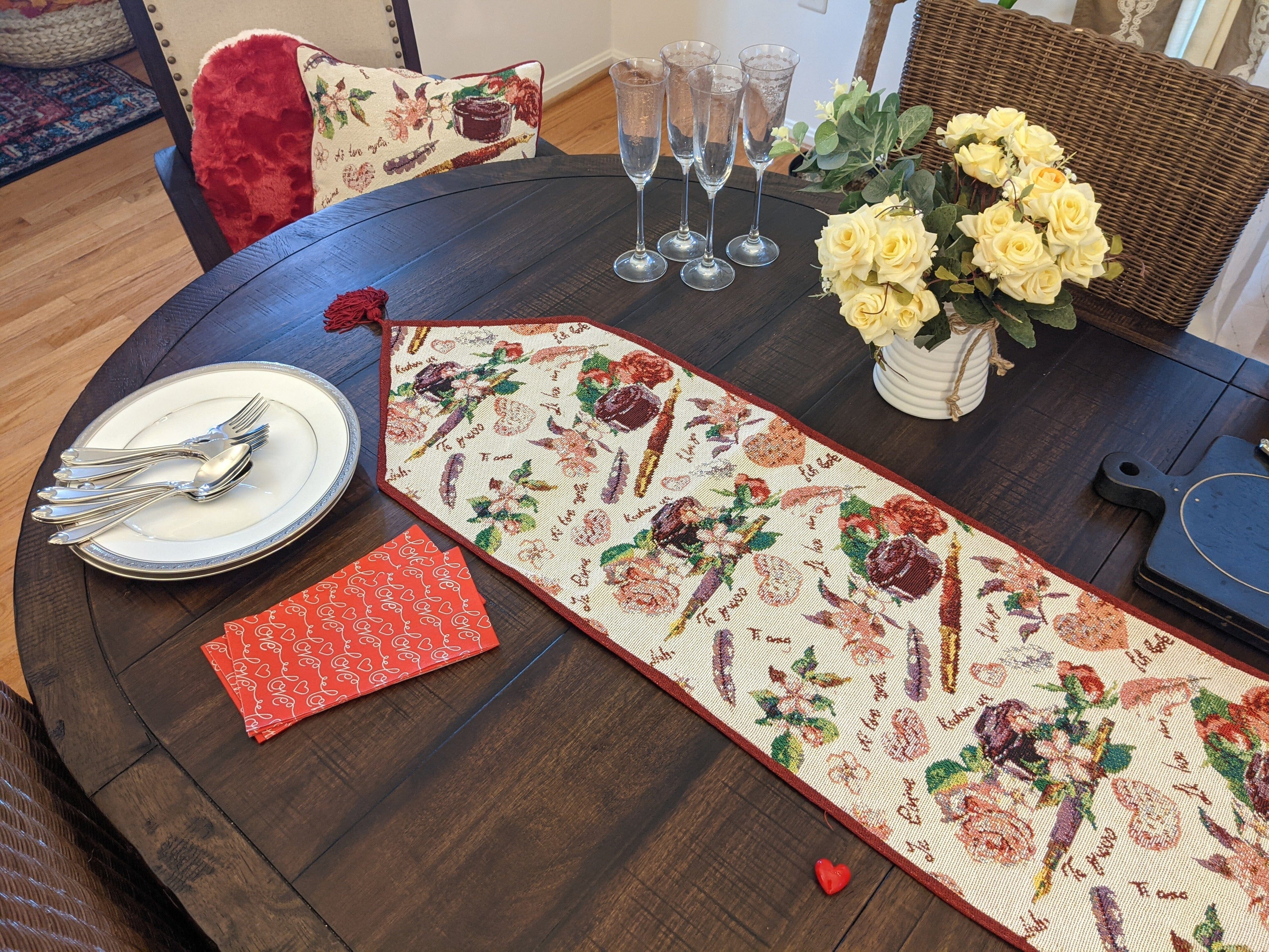 DaDa Bedding Sweet Heart Love Notes Pink Floral Woven Tapestry Dining Table Runner (18273) - DaDa Bedding Collection