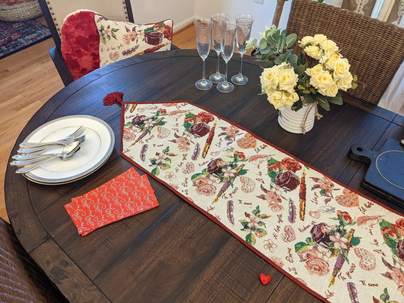 DaDa Bedding Sweet Heart Love Notes Pink Floral Woven Tapestry Dining Table Runner (18273) - DaDa Bedding Collection