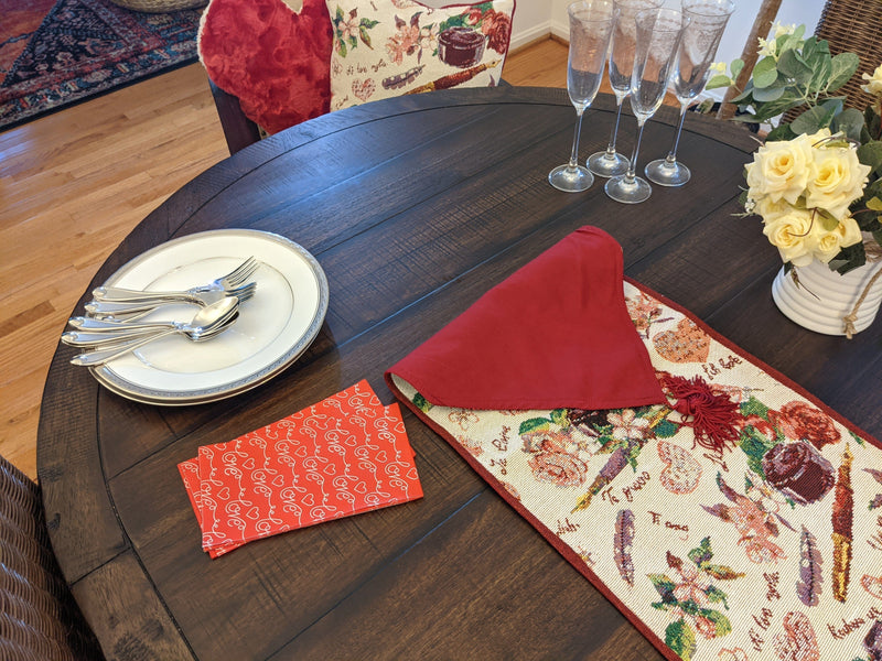 DaDa Bedding Sweet Heart Love Notes Pink Floral Woven Tapestry Dining Table Runner (18273) - DaDa Bedding Collection