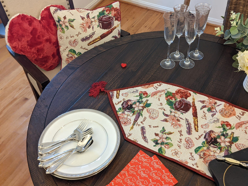 DaDa Bedding Sweet Heart Love Notes Pink Floral Woven Tapestry Dining Table Runner (18273) - DaDa Bedding Collection