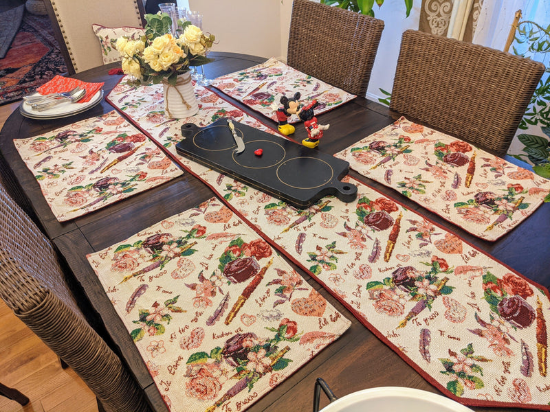 DaDa Bedding Set of 4-Pieces Sweet Love Notes Pink Floral Tapestry Dining Table Placemats 13” x 19” - DaDa Bedding Collection