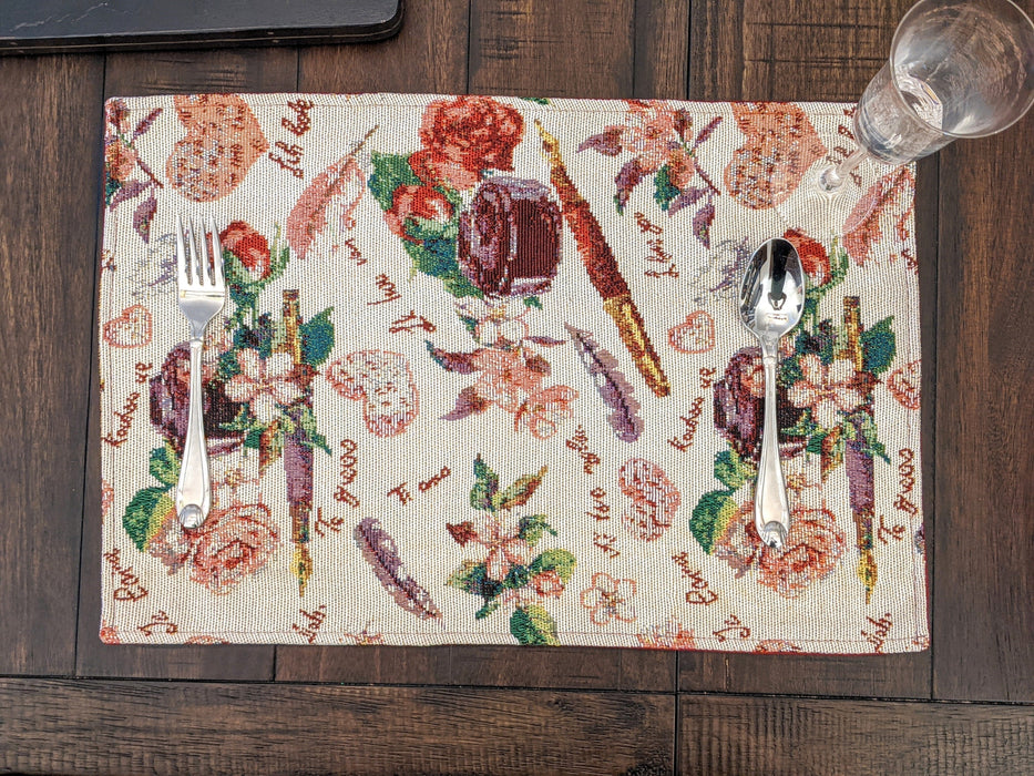 DaDa Bedding Set of 4-Pieces Sweet Love Notes Pink Floral Tapestry Dining Table Placemats 13” x 19” - DaDa Bedding Collection