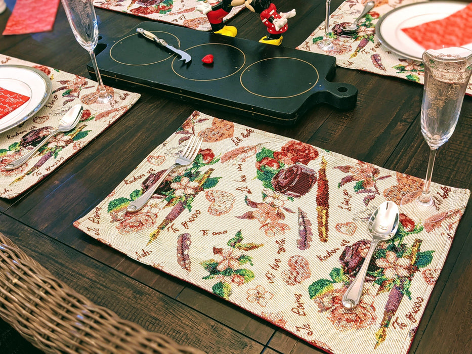 DaDa Bedding Set of 4-Pieces Sweet Love Notes Pink Floral Tapestry Dining Table Placemats 13” x 19” - DaDa Bedding Collection