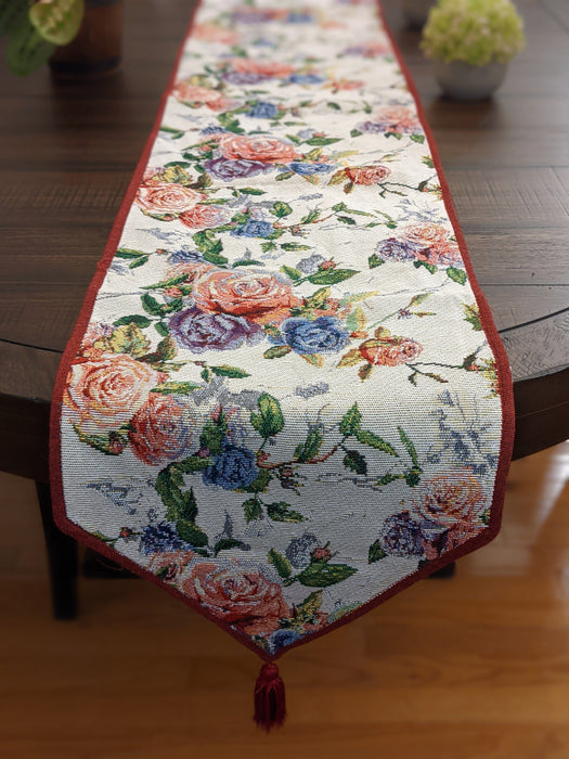 DaDa Bedding Vintage Romantic Roses Lovely Pink Floral Woven Tapestry Dining Table Runner (879)