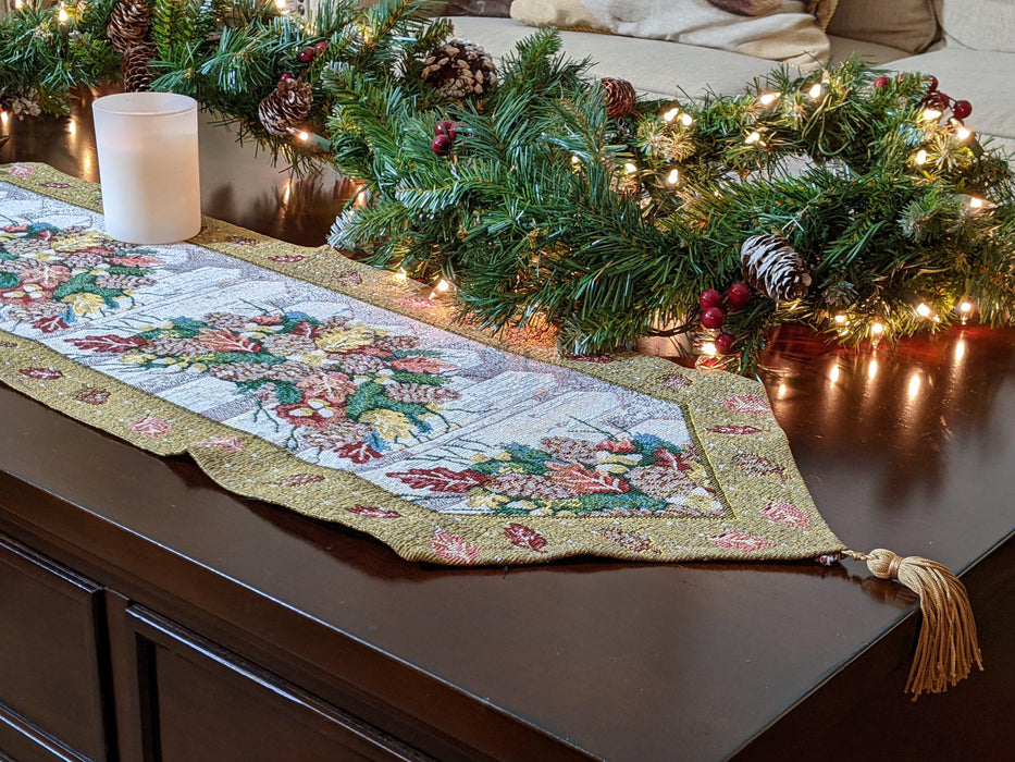 DaDa Bedding Set of 3-Pieces Table Runners - Festive Holiday Fiesta Floral Botanical Beige Woven Tapestry Dining Mats Scarf (6068) - DaDa Bedding Collection