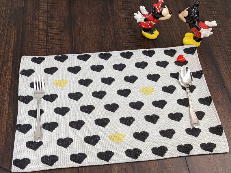 DaDa Bedding Set of 4-Pieces Lovely Yellow & Black Hearts Tapestry Dining Table Placemats 13” x 19” (18113) - DaDa Bedding Collection