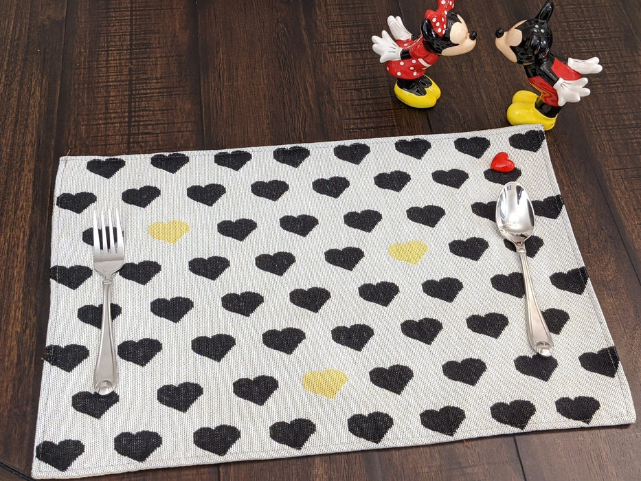 DaDa Bedding Set of 4-Pieces Lovely Yellow & Black Hearts Tapestry Dining Table Placemats 13” x 19” (18113)