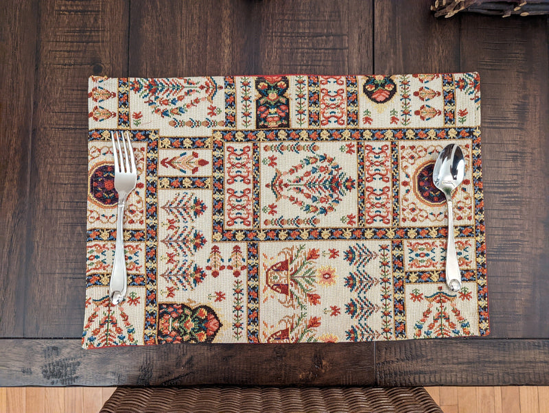 DaDalogy Bedding Set of 4-Pieces Light White Mughal Floral Botanical Cottage Fleur Tapestry Placemats 13” x 19” (18196) - DaDa Bedding Collection