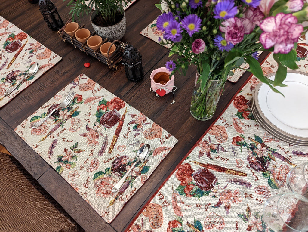 DaDa Bedding Sweet Heart Love Notes Pink Floral Woven Tapestry Dining Table Runner (18273) - DaDa Bedding Collection
