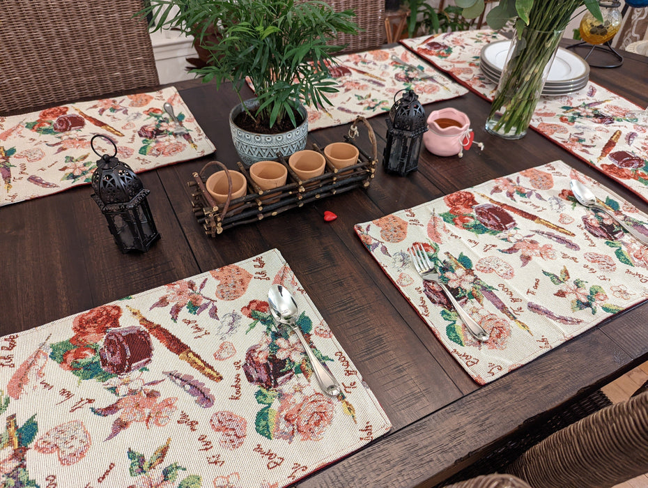 DaDa Bedding Set of 4-Pieces Sweet Love Notes Pink Floral Tapestry Dining Table Placemats 13” x 19” - DaDa Bedding Collection