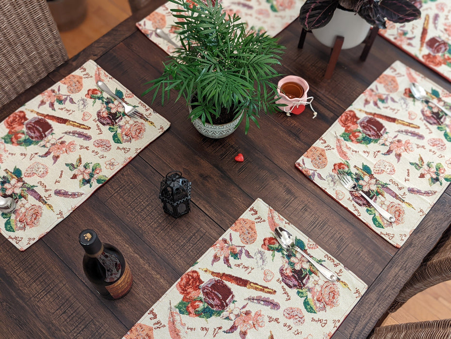 DaDa Bedding Set of 4-Pieces Sweet Love Notes Pink Floral Tapestry Dining Table Placemats 13” x 19” - DaDa Bedding Collection