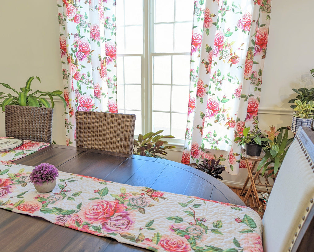 DaDa Bedding Romantic Roses Pink White Lovely Floral Quilted Dining Table Runner (879) - DaDa Bedding Collection
