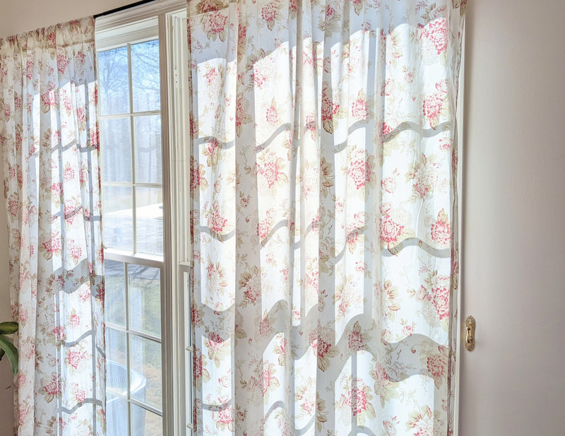 DaDa Bedding Set of 2-Pieces Hint of Mint Dainty Floral Pink Roses Cottage Sheer Window Panel Curtains (JHW3036) - DaDa Bedding Collection