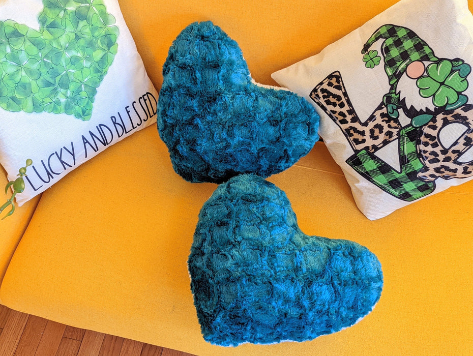 DaDa Bedding Hand-Made Lucky Irish Teal Green Faux Fur Heart Shaped Throw Pillow - 16” x 14”