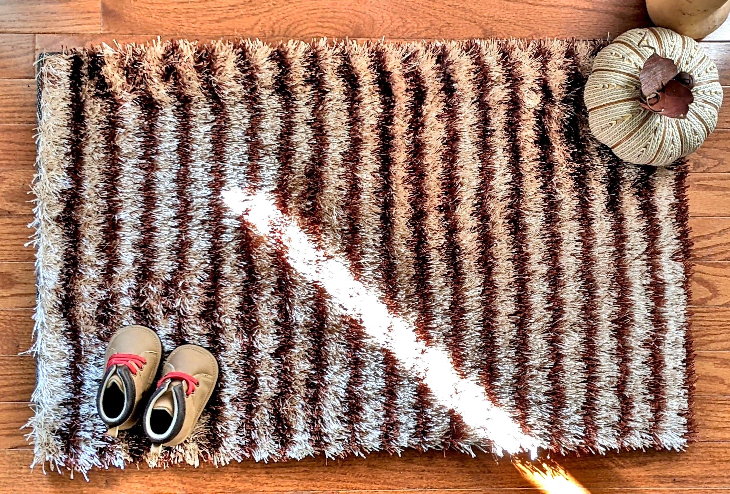 DaDa Bedding Shaggy Soft Door Mat Carpet Rug - 20" x 32" Striped Shiny Coffee Light Beige / Dark Brown - DaDa Bedding Collection