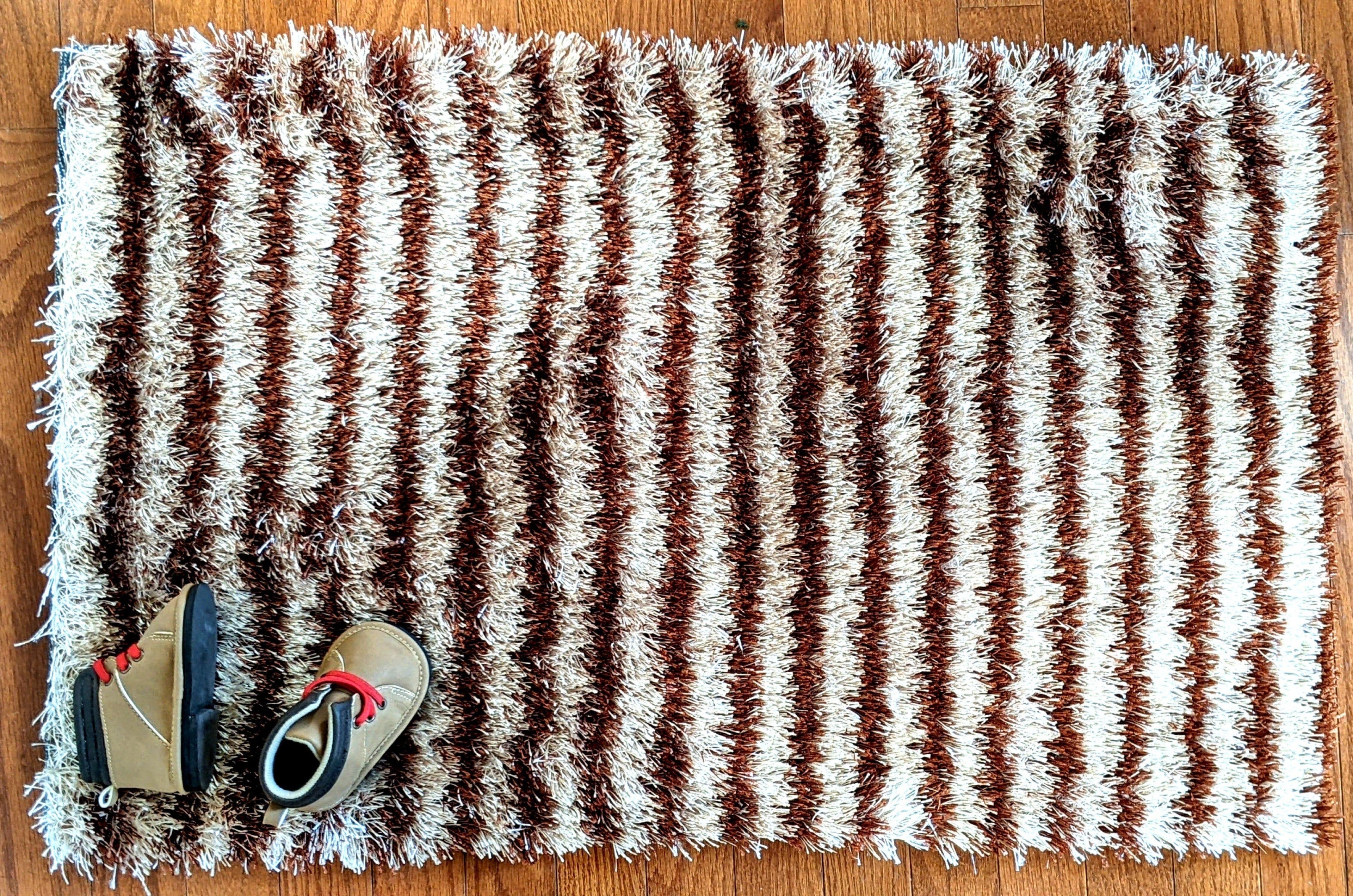 DaDa Bedding Shaggy Soft Door Mat Carpet Rug - 20" x 32" Striped Shiny Coffee Light Beige / Dark Brown - DaDa Bedding Collection