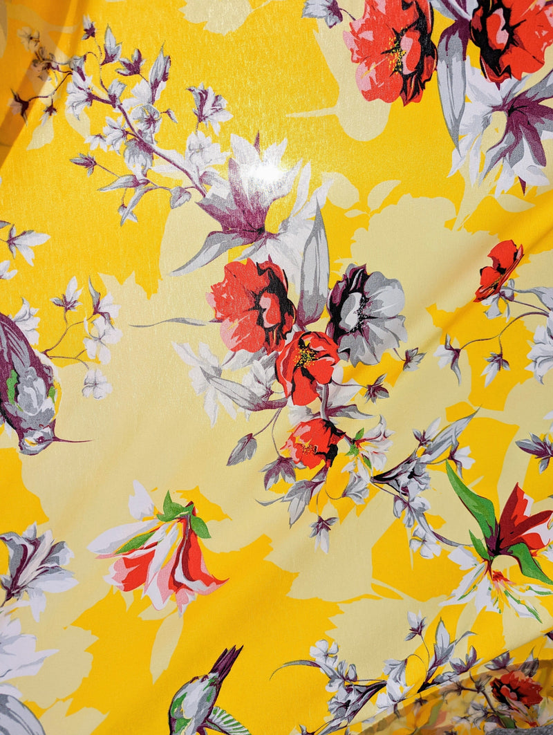 DaDa Bedding Set of 2 Radiant Sunshine Yellow Floral Window Curtain Panels - Natural Semi Sheer Hummingbirds Farmhouse Red Flowers Straight Tailored Edge - DaDa Bedding Collection