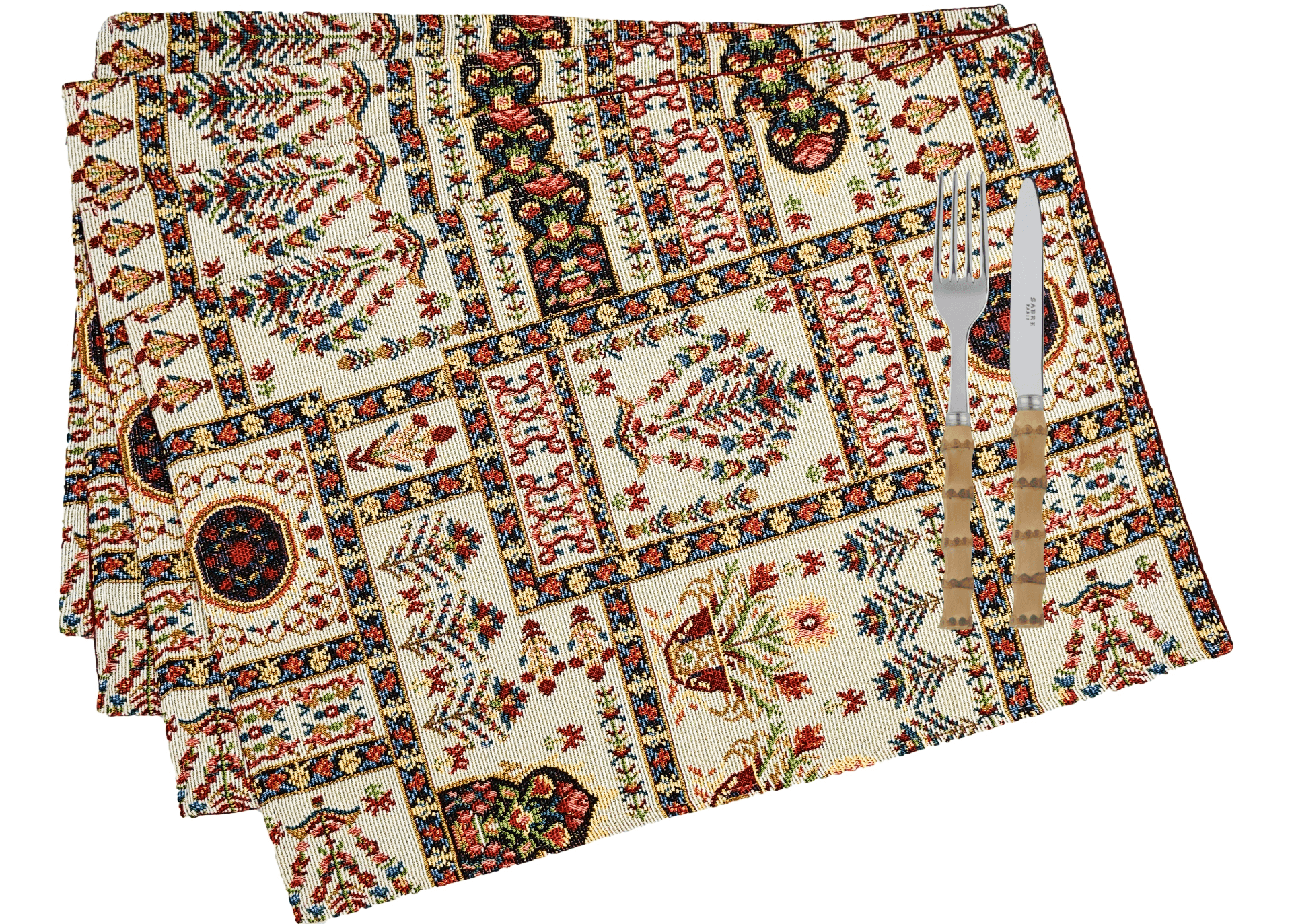 DaDalogy Bedding Set of 4-Pieces Light White Mughal Floral Botanical Cottage Fleur Tapestry Placemats 13” x 19” (18196) - DaDa Bedding Collection