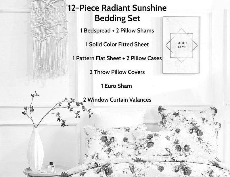 DaDa Bedding Bed in a Bag Bundle Set - Radiant Sunshine Yellow Hummingbirds Floral Bedding Set (JHW-925) - DaDa Bedding Collection