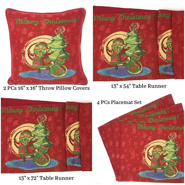 Table Linen - DaDa Bedding Set of 8 Pieces Red Santa Claus Holiday Table Tapestry - 4 Placemats, 2 Table Runners, 2 Throw Pillow Covers (17615) - DaDa Bedding Collection