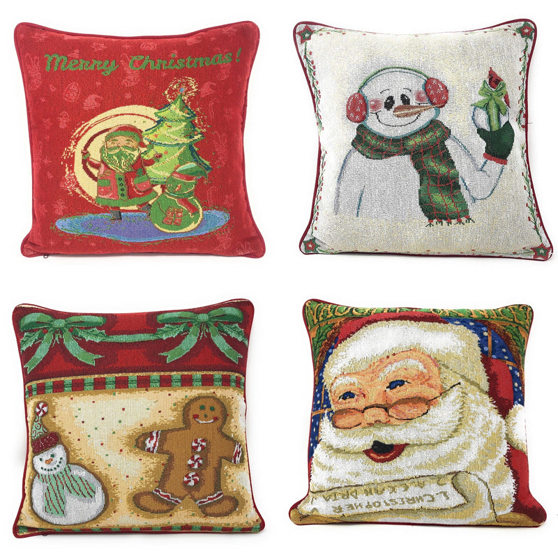 DaDa Bedding Set of 4 Pieces - Magical Santa Snowman Gingerbread Christmas Holiday Tapestry Throw Pillow Covers Bundle Pack - 16" x 16" - DaDa Bedding Collection