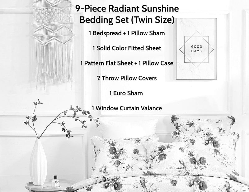DaDa Bedding Bed in a Bag Bundle Set - Radiant Sunshine Yellow Hummingbirds Floral Bedding Set (JHW-925) - DaDa Bedding Collection