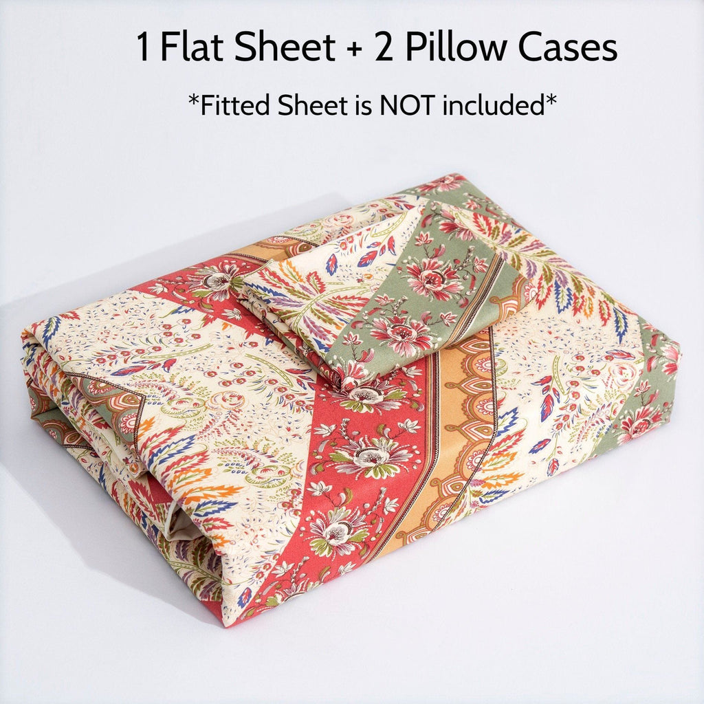 DaDa Bedding Botanical Cranberry Sage Chevron Floral Flat Bed Sheet w/ Pillowcases (JHW-924-Flat) - DaDa Bedding Collection