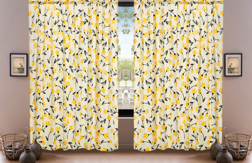DaDa Bedding Set of 2 Botanical Floral Window Curtain Panels - Natural Semi Sheer Yellow Fleur Golden Orange Spring Time Tulips Straight Tailored Edge - DaDa Bedding Collection