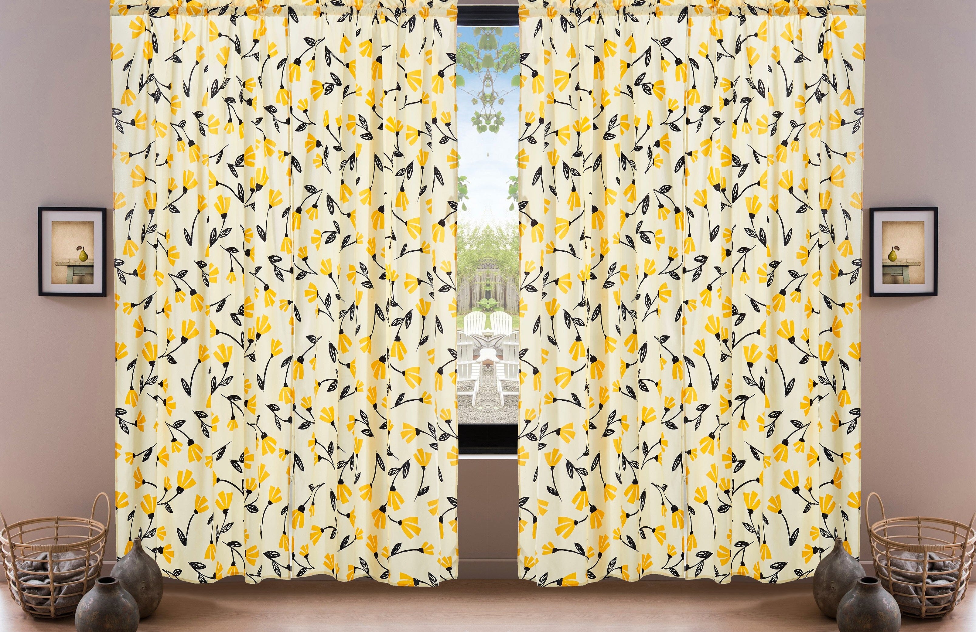 DaDa Bedding Set of 2 Botanical Floral Window Curtain Panels - Natural Semi Sheer Yellow Fleur Golden Orange Spring Time Tulips Straight Tailored Edge - DaDa Bedding Collection