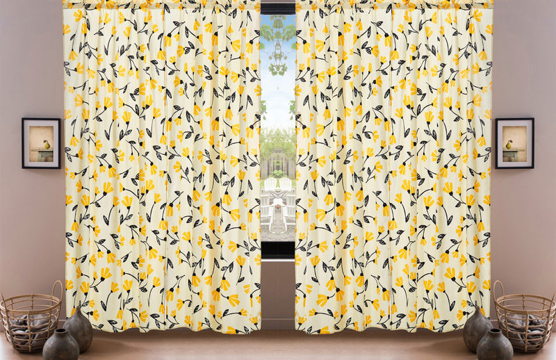 DaDa Bedding Set of 2 Botanical Floral Window Curtain Panels - Natural Semi Sheer Yellow Fleur Golden Orange Spring Time Tulips Straight Tailored Edge - DaDa Bedding Collection