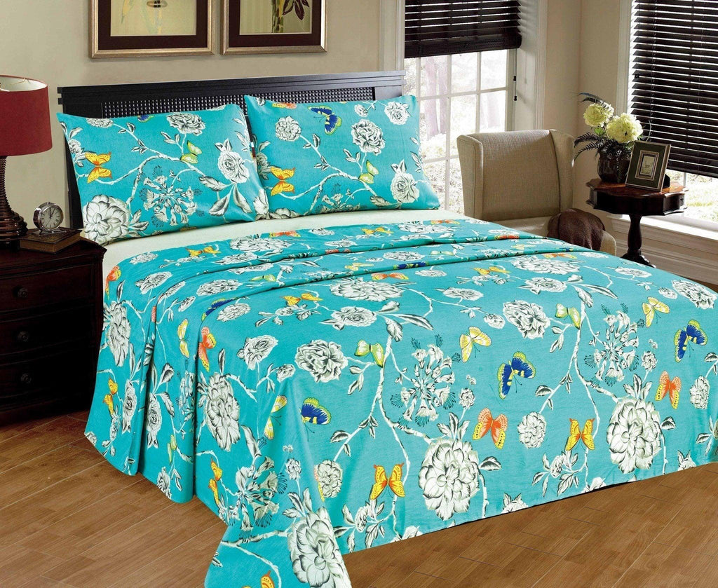 Blue floral butterfly cotton flat sheet set for colorful spring bedding
