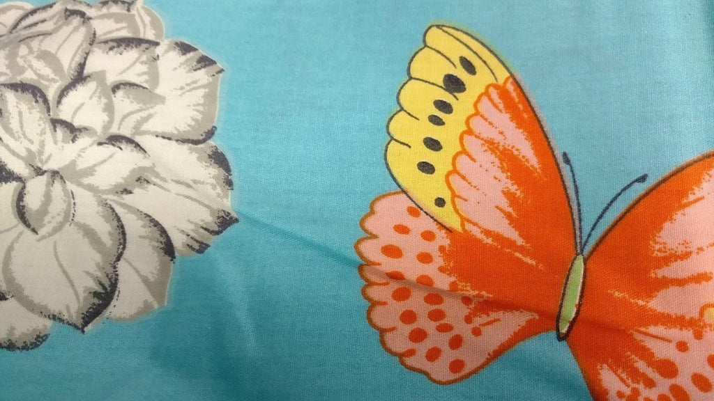 Blue yellow multicolor floral flat sheet for cottage bedroom decor