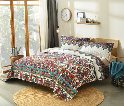 Bedspread - DaDa Bedding Bohemian Earthy Meadow Quilted Bedspread Set - Multi-Colorful Floral Paisley (160553-9) - DaDa Bedding Collection